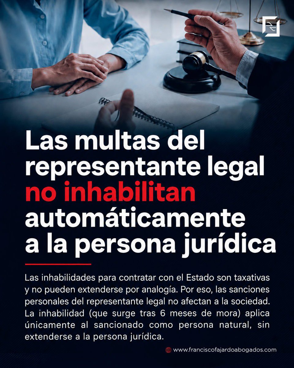 ff_abogados's tweet photo. #ContrataciónEstatal

🛑 Las multas del representante legal no inhabilitan automáticamente a la persona jurídica

• Las sanciones personales del representante legal no se extienden a la sociedad, salvo que una norma lo establezca expresamente.

• El reporte en el Registro Nacional de Medidas Correctivas no genera por sí solo una inhabilidad. La restricción para contratar solo surge cuando la multa permanece sin pagar durante más de seis meses.

• Si la persona en mora (por más de 6 meses) es el representante legal a título personal, la sociedad puede continuar contratando con el Estado, ya que la restricción afecta exclusivamente al sancionado y no se extiende a la persona jurídica.

• Las entidades públicas deben identificar al sujeto afectado y verificar si existe una disposición legal que permita extender la inhabilidad.

🔗 Conozca los detalles de esta decisión: https://t.co/WxouvNUiTO

#ColombiaCompraEficiente #ContratosEstatales #FranciscoFajardoAbogados