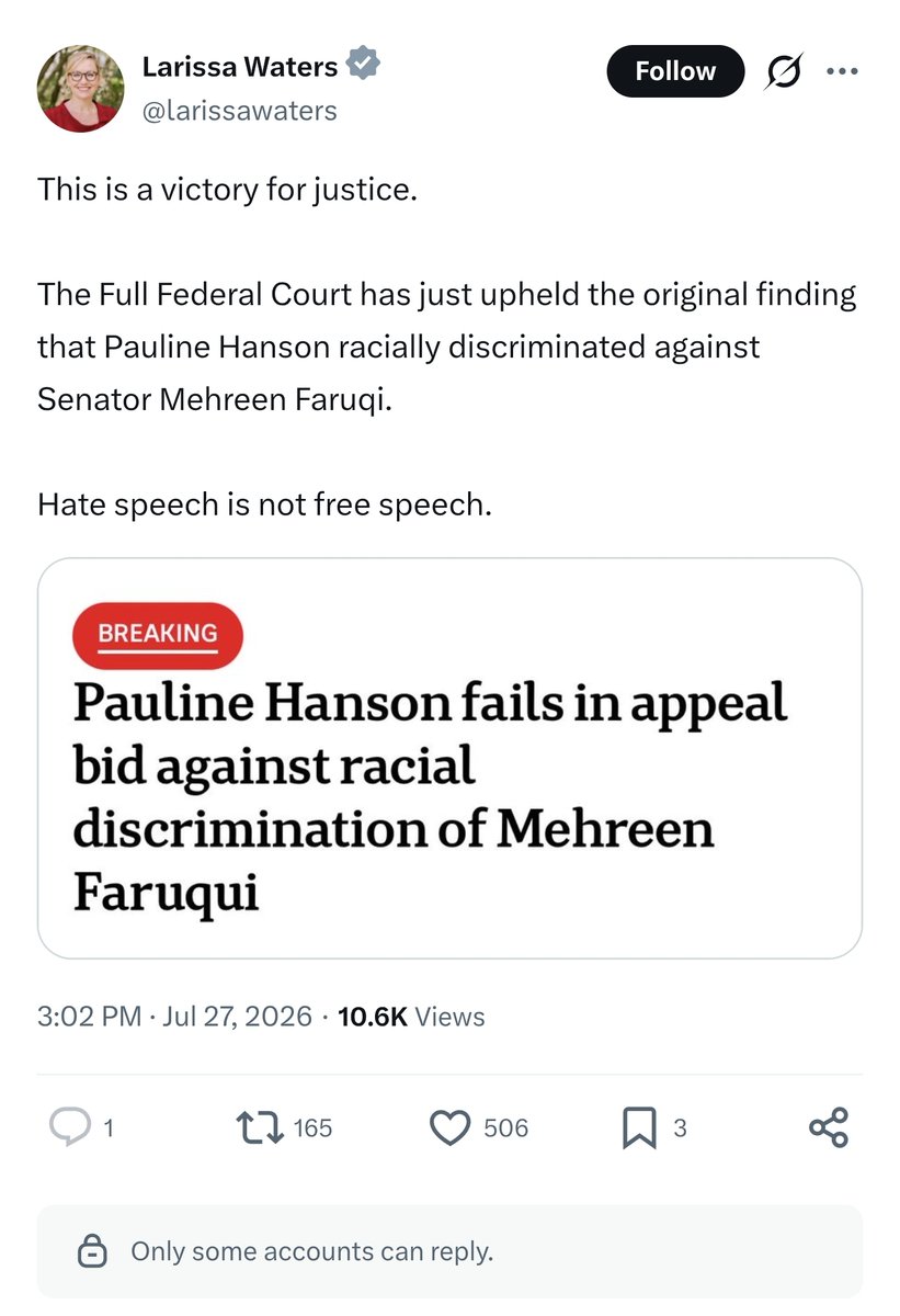 TonyDavids02's tweet photo. Celebrates @PaulineHansonOz courtroom loss but have the comments turned off. Typical Greens move. @elonmusk if politicians like, @larissawaters, insist on broadcasting to the X community they are a politician then they shouldn't be able to disable comments. https://t.co/qZ4QQ3jWoP