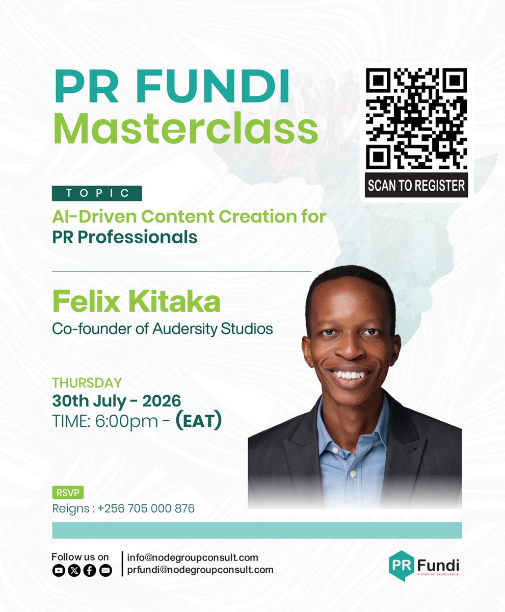 NodeGroupOnline's tweet photo. You wouldn't bring a typewriter to a smartphone fight. Don't bring outdated PR tactics to an AI-driven world. @TheMutambuze  resume speaks for itself, now let him speak to you. Join us for the #PRFundiMasterclass and learn how to unlock the full potential, and elevate your communications career.
📅 30th July 2026
🕕 6:00 PM
📍 Kati Kati Restaurant, Lugogo
💰 UGX 60,000
Register Here: https://t.co/bIFAoXBTFW

#NodeAt10 #TransformingWhatIsNext @irumanyika @PRAU_Uganda