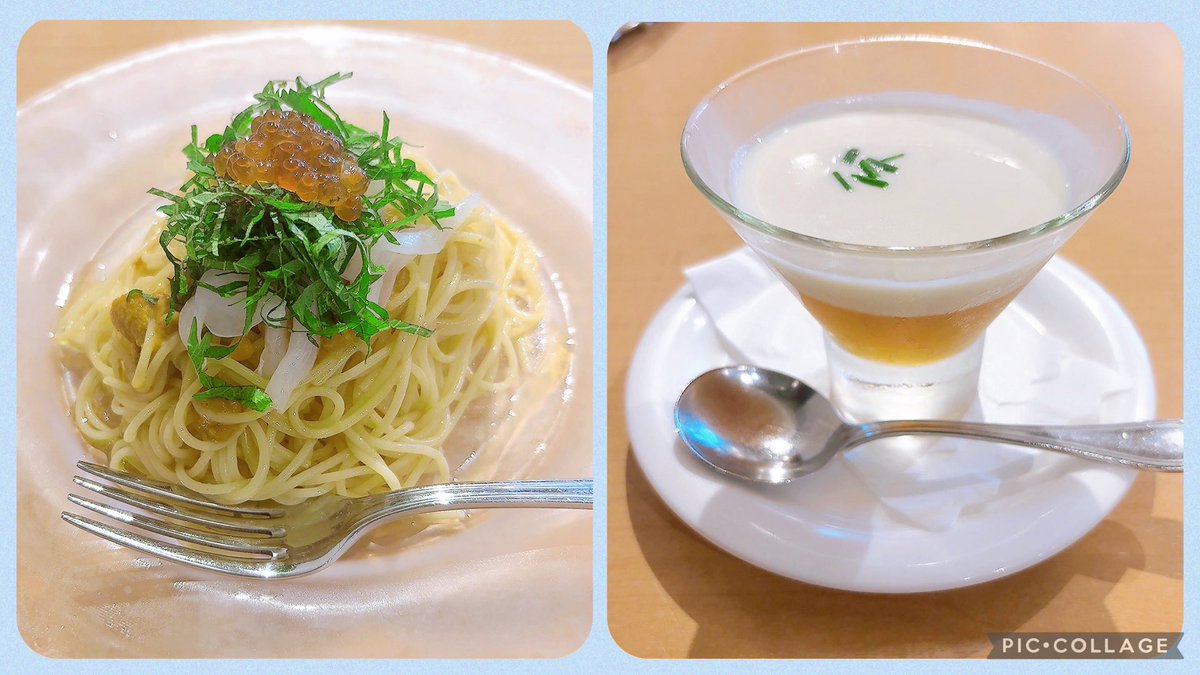 toraleotabi's tweet photo. TO THE HERBS アトレ目黒店

革命的なおいしさを誇る
ビシソワーズ ロワイヤルを再び
（下にコンソメのジュレ）

そして
うにといくらの冷製スパゲッティ
うまっ
ほんのりとそうめんのエッセンスもあり
和と洋のマチエール https://t.co/htBvqiTiaG