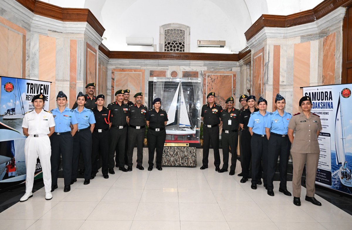 adgpi's tweet photo. #GeneralDhirajSeth, #COAS, interacted with the Women Officers of the first-ever Tri-Service all-women circumnavigation sailing expedition, Samudra Pradakshina, following their return on 22 Jul 2026.

The nine women officers completed an extraordinary 314-day voyage, covering nearly 25,500 nautical miles across four oceans, exemplifying courage, endurance, teamwork and the indomitable spirit of women. Their remarkable achievement stands as a testament to the professionalism and resolve of the Indian Armed Forces.

#SamudraPradakshina #IndianArmy #IndianNavy #IndianAirForce #TriService 

@DefenceMinIndia @SpokespersonMoD @IAF_MCC @indiannavy @IA_SportsAdvntr