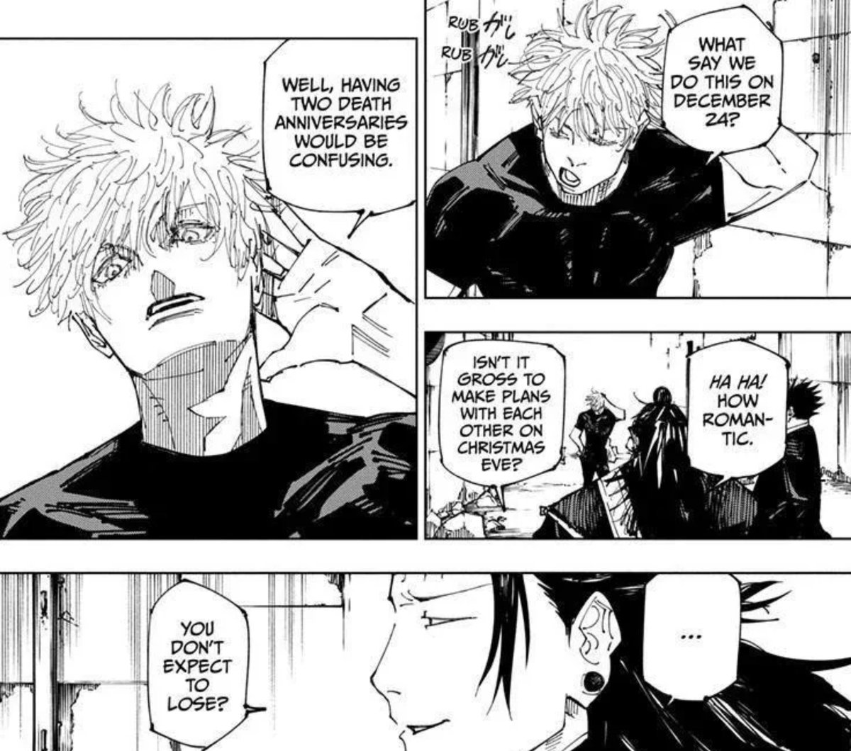 brattygeto's tweet photo. It’s so crazy to me how Satoru’s entire adult life was basically one long reaction to losing Suguru. Suguru’s impact on him was so total that Satoru’s story literally begins and ends with him, right down to the fact that they died on the exact same date: December 24th. https://t.co/KNr5dUlUZj