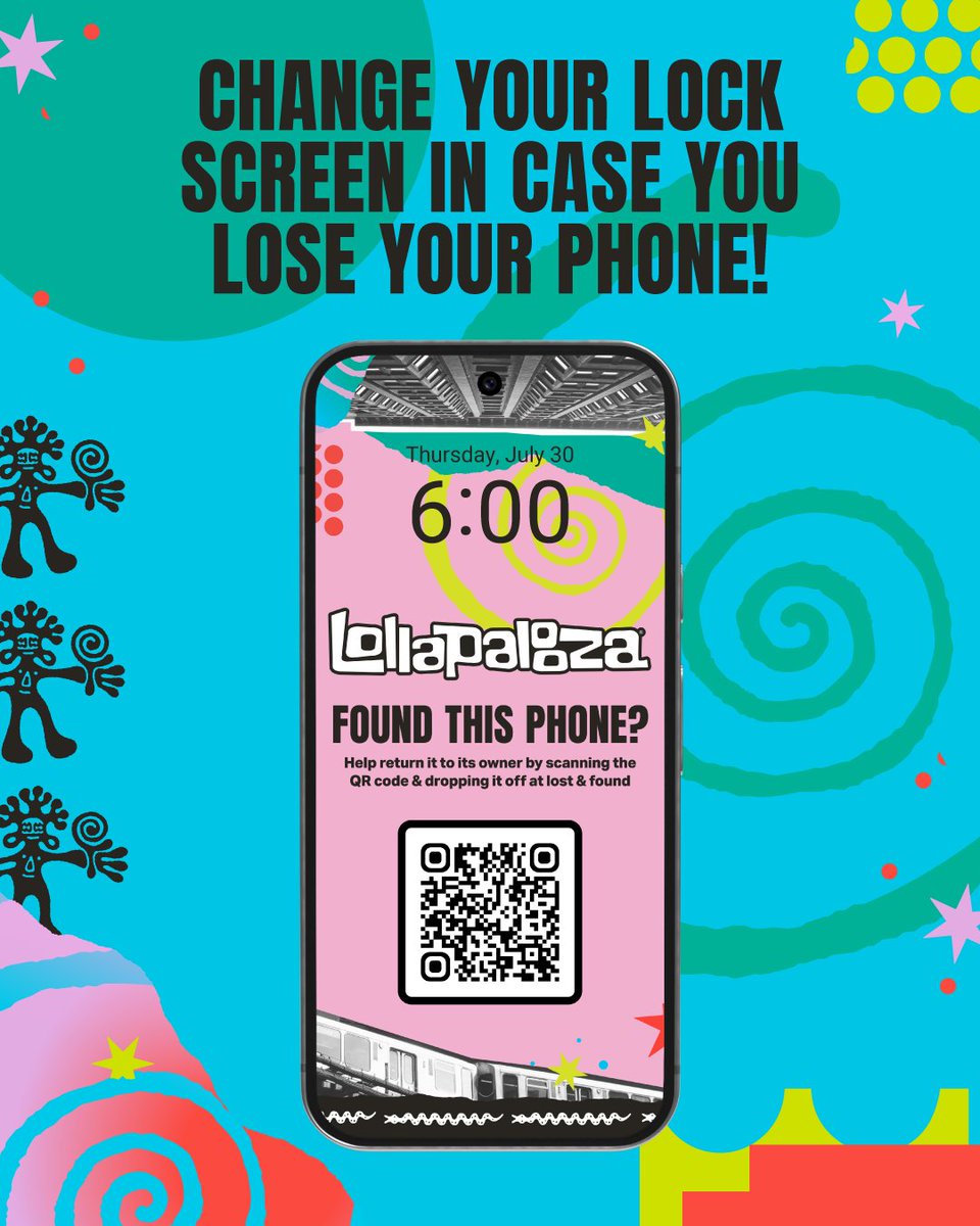 lollapalooza's tweet photo. Register at the link below to receive a phone wallpaper with your unique QR code. That way, we can contact you if your phone is turned into Lost & Found! https://t.co/ZgmIT3OQdj 

Lost & Found will be located at the main Guest Services Tent at Columbus and Ida B Wells. You can also visit the link above to locate your items online.