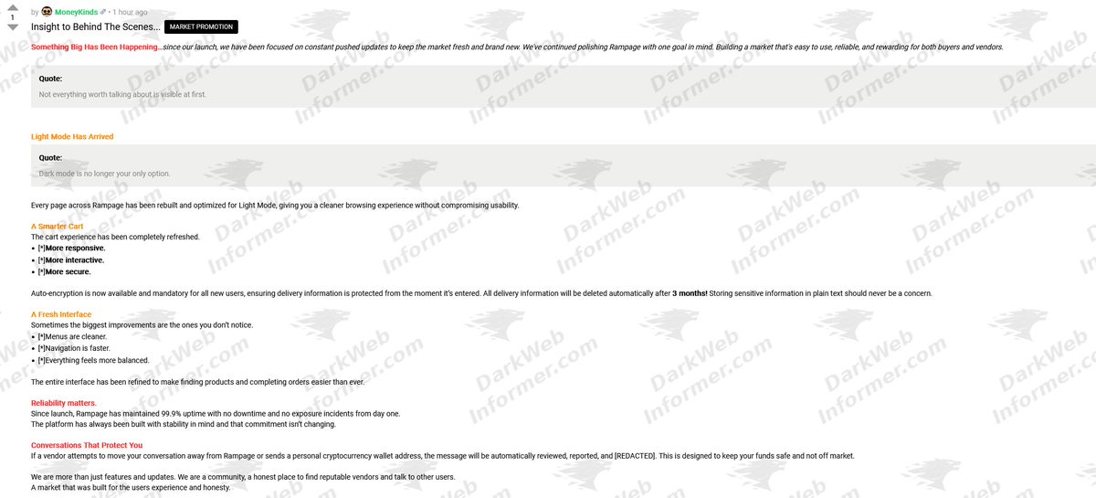 DarkWebInformer's tweet photo. ‼️ New Darknet Market being advertised on Dread called Rampage.

Dread Thread: https://dreadytofatroptsdj6io7l3xptbet6onoyno2yv7jicoxknyazubrad[.]onion/post/7a59f91b957f189d4c12

Dark Web IOC: http://rampagel6own7ds6iwwhnwmfgkkpnwgdl27bruf3johkxpdf4xfsy2yd[.]onion

IOC 2: http://ijzibzoxgkwougv7lx43wigora2bbplht3zkzmnqfrspakg5yhjsldyd[.]onion