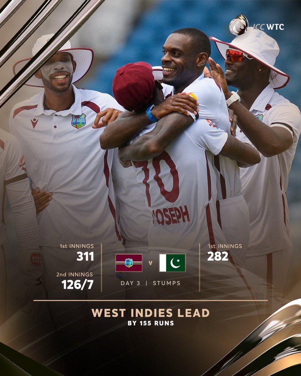 ICC's tweet photo. The West Indies extend their lead over Pakistan on an action-packed day at the first #WTC27 Test in Trinidad 💪

Scorecard ➡️ https://t.co/fG8uLssLku https://t.co/VILMHQzp1L