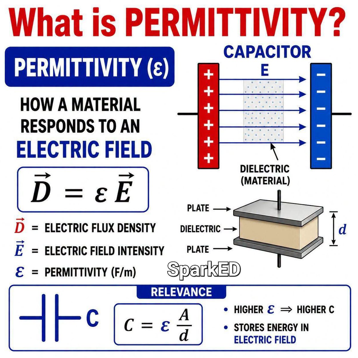 Afghan_Engineer's tweet photo. Permittivity (ε) is a property of a material that describes how it responds to an electric field.
It determines how easily electric field lines pass through a material and how much electrical energy can be stored. https://t.co/mzaWQqeqH3