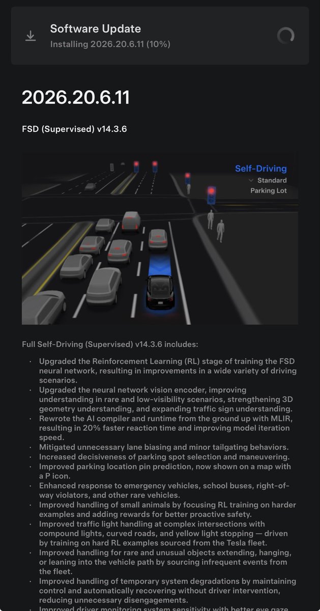 Robotdriver's tweet photo. Inbound 2026.20.6.11 with FSD v14.3.6 to my AI4 🤖 
Thanks @Tesla_AI  for rocking out the updates! https://t.co/YJrPCkAC9w