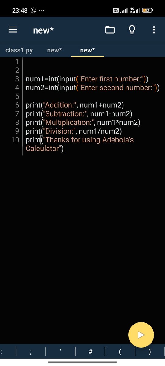 HARDEYBORLAHfr0's tweet photo. Day 3/100 🐍
Built my first Python calculator today! 🎉
It takes user input and performs addition, subtraction, multiplication, and division.
Every lesson makes coding feel a little less scary and a lot more exciting. 🚀
#100daysofpyyhon https://t.co/4VNtQyKwet