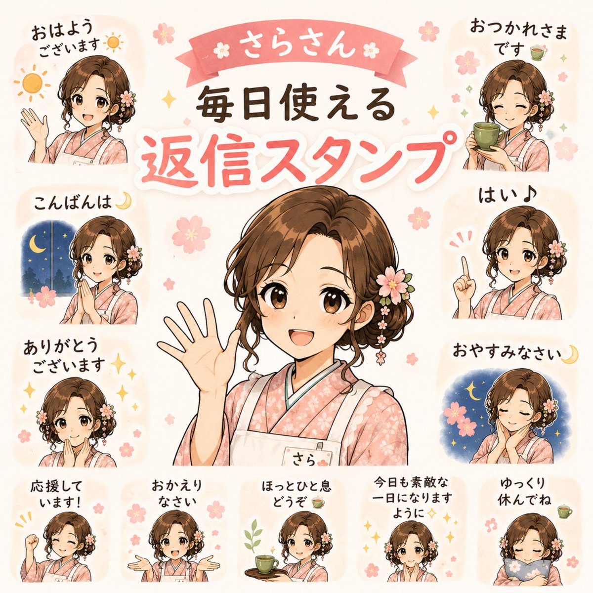 SaraprojectJP's tweet photo. 🎉✨ 新作LINEスタンプ発売！ ✨
「さらさん 毎日使える返信スタンプ」 が承認・発売になりました🌸
「おはようございます」 「ありがとうございます」 「承知しました」 「おつかれさまです」 など…
毎日のトークで使いやすい返信を、やさしい「さらさん」と一緒にお届けします😊🍵
ぜひ使っていただけたら嬉しいです🌸
#LINEスタンプ #LINEスタンプ発売 #SARAPROJECT #さらさん #返信スタンプ #毎日使える