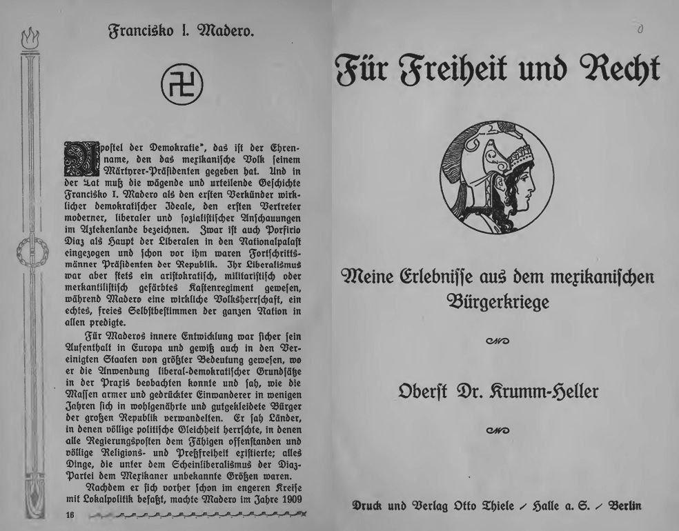 Panque88ARM's tweet photo. Páginas del libro, “Por la libertad y la justicia: Mis experiencias de la Guerra Civil Mexicana”, edición alemana de 1916 por Arnold Krumm-Heller (quién fuera representante en los años 30's de los Camisas Doradas ante el Tercer Reich), en cada capítulo se puede notar una suástica https://t.co/itBm2Xx9VX