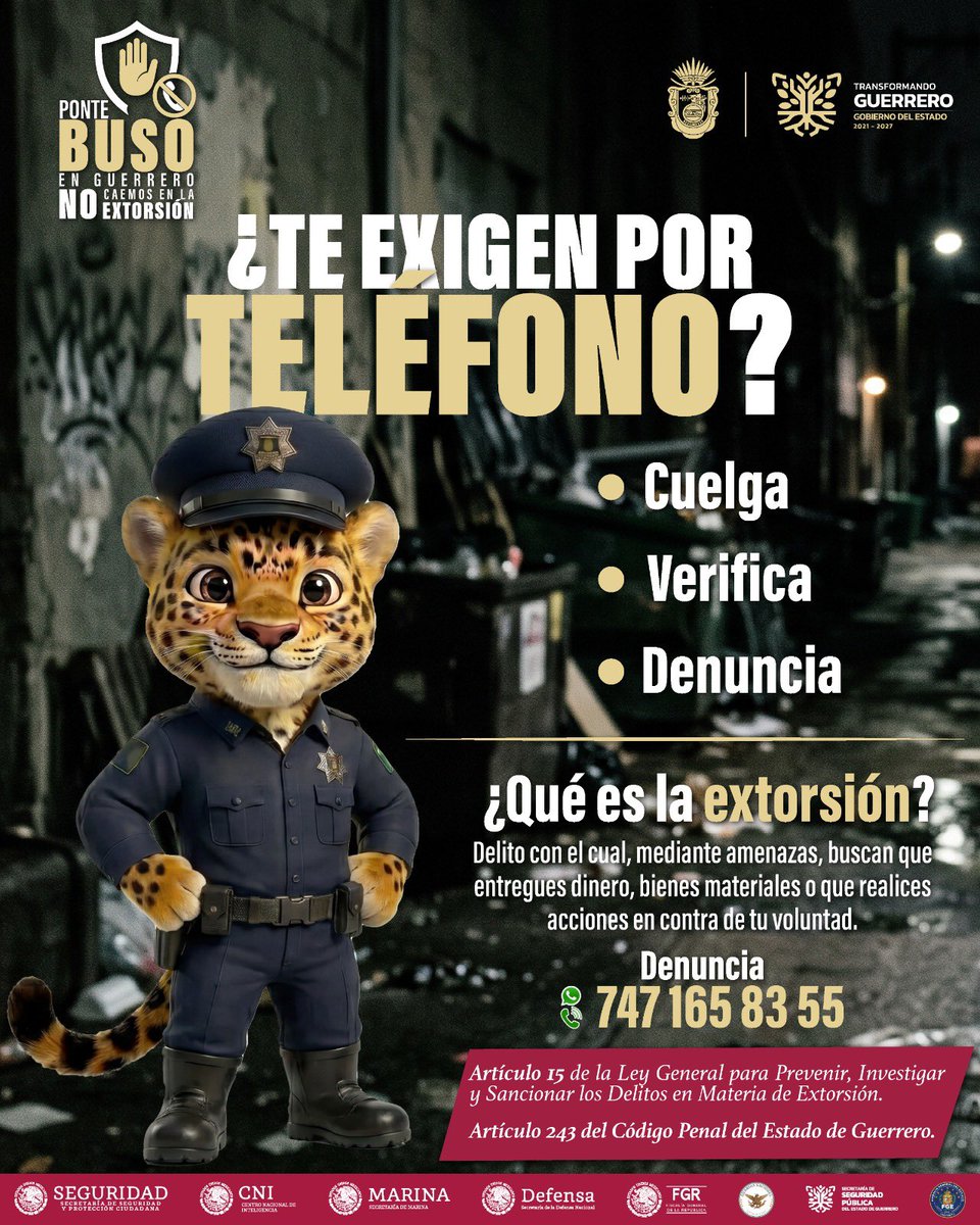 Gob_Guerrero's tweet photo. La extorsión busca generar miedo y presión.
Infórmate, protege a tu familia y reporta cualquier intento de este delito.
#PonteBuso https://t.co/bMMWEQhB0W