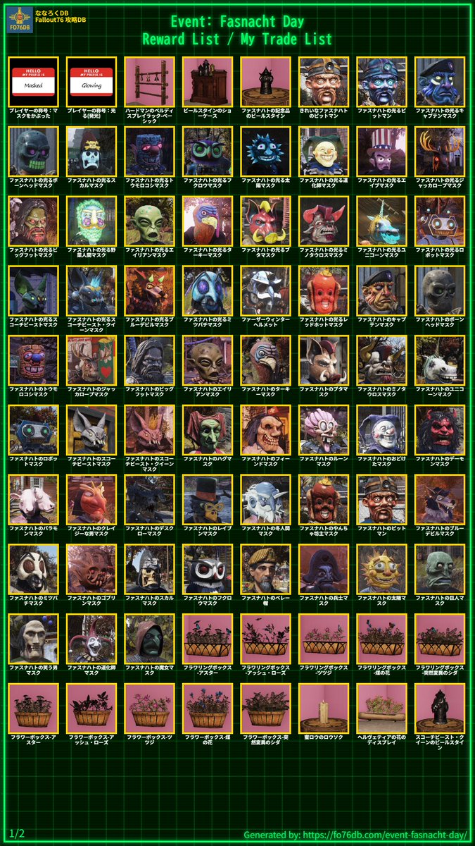 fo76db's tweet photo. Event: Fasnacht Day🎉

夏のファスナハトがやってきます！
新マスク5種類をゲットしましょう💪💥

新レアリティ「きれいな」✨
光るレッドホットはアンコモン枠です😲

7/29(水)01:00～8/12(水)00:59
https://t.co/yWYPtNSjP9
#フォールアウト76 #Fallout76 #Fo76 https://t.co/JN6i2uUSvw