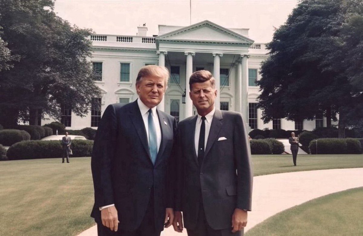 The17thIatter's tweet photo. BREAKING: President Trump says to trust his plan while posting an AI image of himself next to John F. Kennedy, just one day before Benjamin Netanyahu arrives in the United States. https://t.co/YrQRjMpqdq
