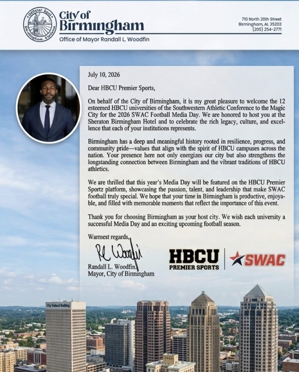 HBCUSports1's tweet photo. HBCU Premier Sports recognized by The City of Birmingham's Mayor Randall Woodfin during the SWAC Football Media Day https://t.co/JLaIzgBbV1