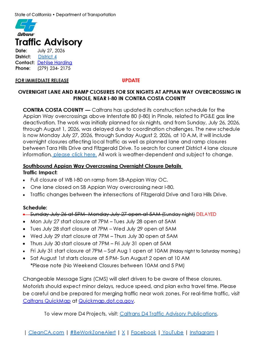 CaltransD4's tweet photo. Contra Costa County: Overnight closures at Appian Way over I-80 in Pinole are rescheduled for July 27–Aug. 2.
One southbound Appian Way lane and the westbound I-80 on-ramp will be closed.
Expect minor delays and check https://t.co/2qzyucWAwN. #I80 #Pinole https://t.co/nOcJbCPvgY