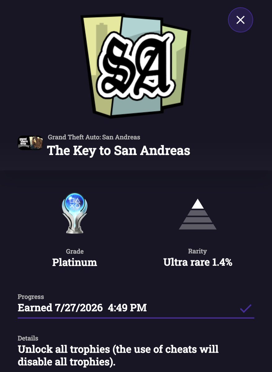 OzzysGameRoom's tweet photo. 29th Platinum Trophy - Grand Theft Auto: San Andreas (PS4 -  PS2 version and *NOT* the Definitive Edition version). https://t.co/njlZ5qnnWd