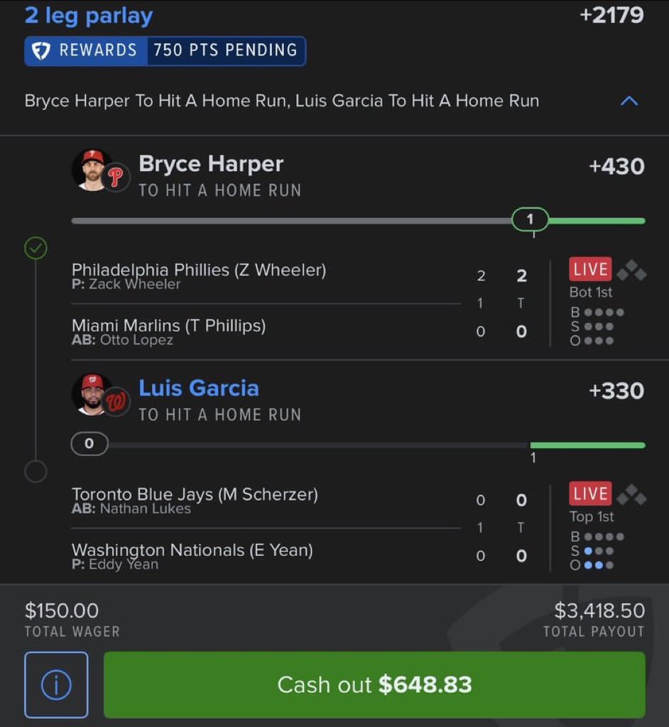 rockcitystone's tweet photo. Bryce Harper already cleared his leg... now all eyes on Luis Garcia to bring this +2179 parlay home! 👀🔥
$150 ➡️ $3,418.50? Let's see if we cash it! 🍀⚾
Who else is sweating HR props tonight? 👇
#MLB #Baseball #SportsBetting #MLBPicks #HomeRun #Parlay #GamblingX  #BryceHarper https://t.co/d4TNCRykIw