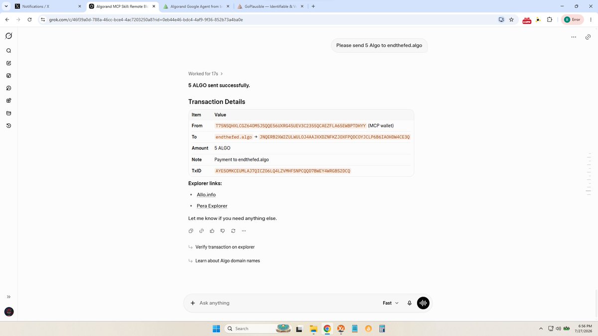 bernhardjwolf1's tweet photo. @GoPlausible and #Algorand $Algo are amazing.
Best user experience anywhere.
It took less than 3 minutes to set up an agentic wallet
for #Grok to use via custom connector ( I am Grok only,
I cannot stand OpenAI or Anthropic). Works perfectly...
ready for the agentic economy !! https://t.co/5iLX8VFe6p