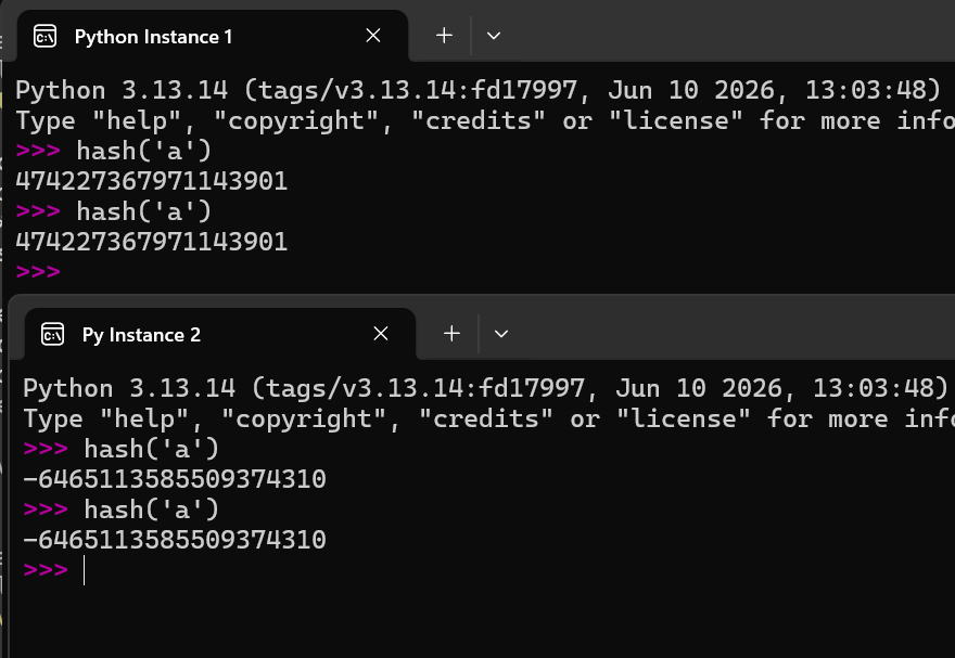 CubArteagaFrank's tweet photo. Algo que aprendí hoy y me llamó la atención, hash() en python cambia entre procesos. https://t.co/Gm9t5DJ7Y4