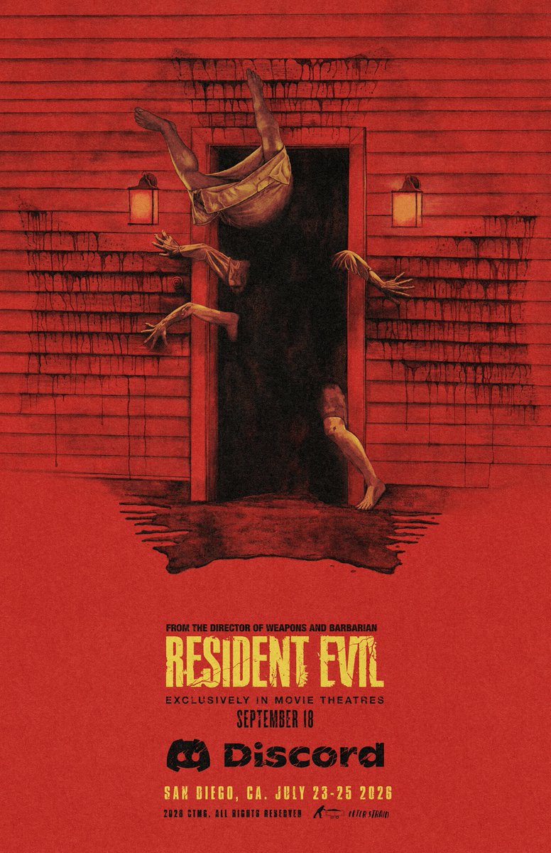 RENews_X's tweet photo. 🍿Official poster for the Resident Evil event in collaboration with Discord, held in San Diego from July 23–25 to promote Zach Cregger's upcoming Resident Evil movie.

This poster could be obtained by completing a special themed quest, where participants had to find hidden QR codes around the event venue and scan them through a dedicated website.

✍️ Designed by illustrator Peter Strain.