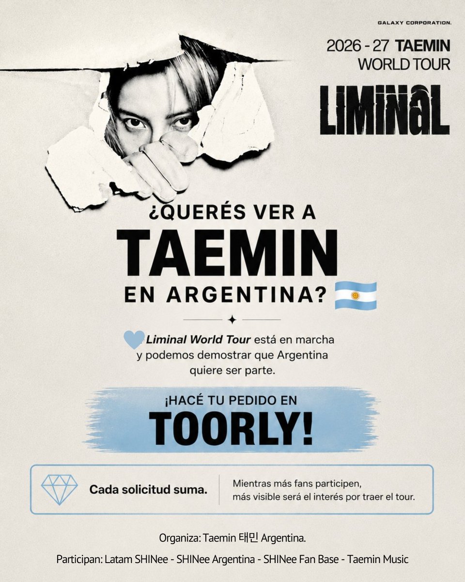 TaeminArgentina's tweet photo. 🇦🇷 ¡Hagamos que #TAEMIN llegue a Argentina! 💙

Sumá tu firma en nuestra campaña de Toorly y ayudanos a demostrar que Argentina está lista para ser parte del #TAEMIN_WORLDTOUR. 

📝 Firmá aquí: 🔗 https://t.co/FkmidzIF4S

@taeminargentina
+
@latamshinee
@shineearg
@shinee_fan_base 
@taeminmusic718

#태민 #TaeminInArgentina
@Taemin_Xoalsox_ @TOORLY