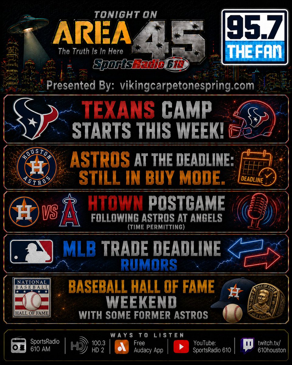 PCreighton1's tweet photo. HOUSTONS ONLY LIVE & LOCAL EVENING SPORTS RADIO SHOW
#AREA45 #Sportsradio610 @957thefan
#Texns #Astros #MLBTradeDeadline @shaunbijani @Collin_TheGame https://t.co/l9YiCLXnG3