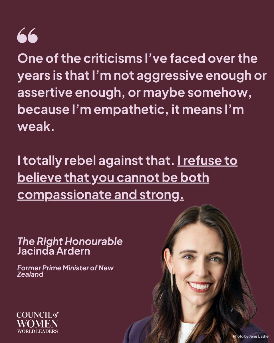 CWWLeaders's tweet photo. Compassion is not the opposite of strength.

The Right Honourable Jacinda Ardern, former Prime Minister of New Zealand, has challenged one of the most persistent myths about leadership: that empathy makes leaders weak.

#WomenLeaders  #JacindaArdern #EmpatheticLeadership #CWWL https://t.co/mnRQgdKJnw