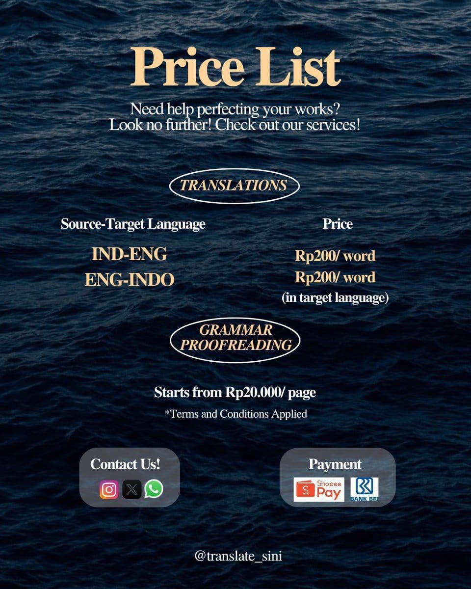 translate_sini's tweet photo. Morning, moots! We're open and ready to assist your writing needs:
• translation (200 rupiah/ word)
• proofread grammar (20k/ page)
• paraphrase AI text turnitin (start from 5k/%)
Bisa cek testimoni dan on duty di highlight IG. Kita tunggu~
#zonatugas #translate #proofread https://t.co/x1wFxOXO3C