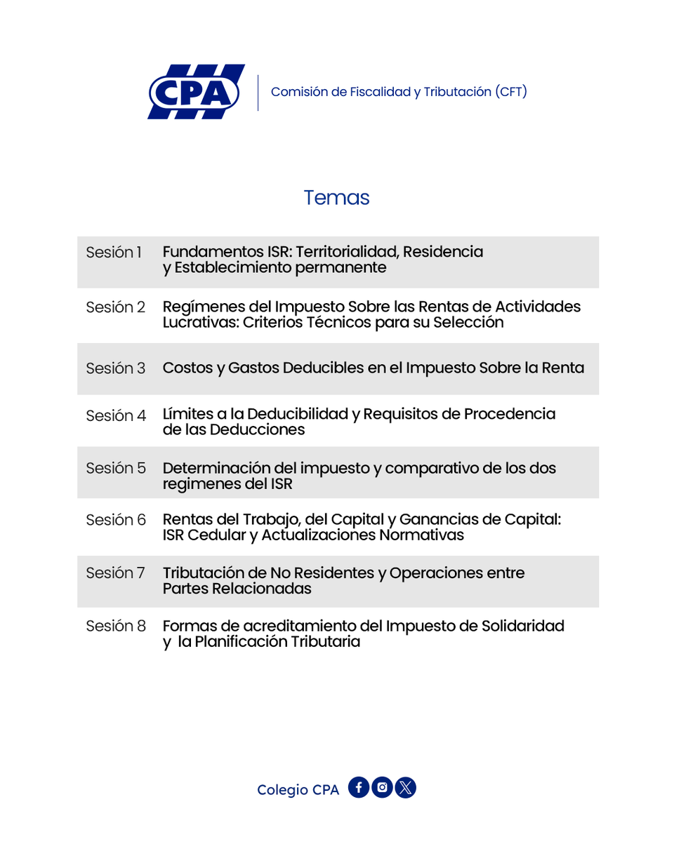 Colegio_CPA's tweet photo. 📘 A través de la Comisión de Fiscalidad y Tributación (CFT), te invitamos a participar en el Diplomado en Impuesto Sobre la Renta.

🗓️ 29 de julio de 2026
🕡 Todos los miércoles | 6:30 p. m.
📲 Inscríbete aquí:
👉 https://t.co/TJeHJ6e7De

#ColegioCPA https://t.co/ugqqLDf3kj
