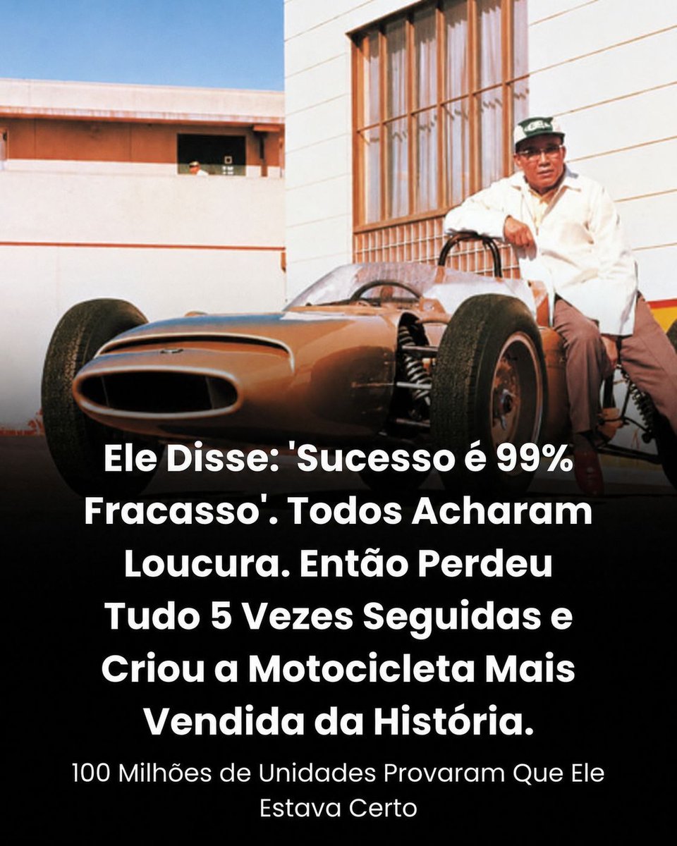 blognaointendo's tweet photo. 1906. Japão Rural.
Soichiro Honda nasce pobre. Aos 8 anos vê primeiro carro. Obcecado.

Aos 15 anos sai de casa para oficina em Tóquio. 6 anos aprendendo observando.

1937-1939. Fracasso Total.
Investe tudo em anéis de pistão para Toyota. Falha. Volta para escola, aprende engenharia, consegue contrato.

1944-1945. Destruição.
Fábrica bombardeada. Reconstrói. Terremoto destrói tudo novamente.

Aos 39 anos, vende tudo.

1946. O Insight.
Pós-guerra: Japão devastado, ninguém tem dinheiro para carro.

Compra 500 motores de gerador do exército. Adapta para bicicletas. Vende tudo em semanas.

1948. Honda Technical Research Institute.
Lança Model A (motor 50cc). Sucesso.

1949. Parceria Salvadora.
Takeo Fujisawa entra: ele cuida de negócios, Soichiro de engenharia.

1952-1958. Domínio.
Super Cub: motocicleta mais vendida da história. 100 milhões de unidades.

1963-1972. Carros.
Entra no mercado (indústria ri). Lança Civic. Crise do petróleo: Civic explode.
Honda vence Ford, GM e Toyota.

Hoje:
US$ 50 bilhões. 130 mil funcionários. 150 países.

Sobreviveu:
Pobreza → Rejeição → Bombardeio → Terremoto → Quase-falências → Descrédito

Filosofia:
"Sucesso é 99% fracasso."

A Lição:
Cada destruição era recomeço.
Fábrica bombardeada → motores de gerador → bicicletas motorizadas.

De ferreiro pobre para criador da motocicleta mais vendida da história.
Porque recusou aceitar o fim.