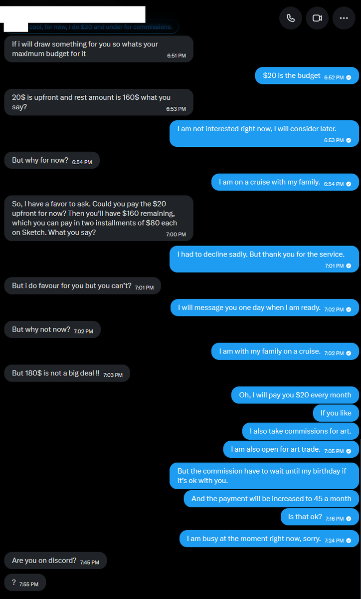 Mikeishere2's tweet photo. I hate to make a vent post. I found a user that is trying to scam me. I have to censor the name. That user is trying to get me to pay 180 dollars out of the unwanted commission. https://t.co/yyimcrIUVs