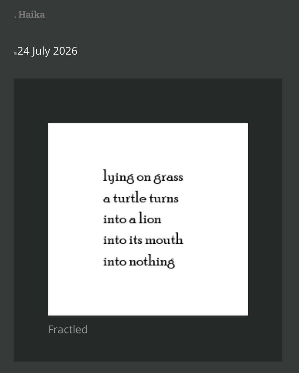 _Fractled's tweet photo. My first accepted poem after six years away from writing. This piece is dedicated to Brendon Kent, mentor &amp; friend. R.I.P. Immense thanks to Richard &amp; Clayton at Heliosparrow. 

#heliosparrow #haiku #haika 

For more info about haika, it’s on my blog:

https://t.co/x8WFkd3yky https://t.co/DsB0IkzQDw