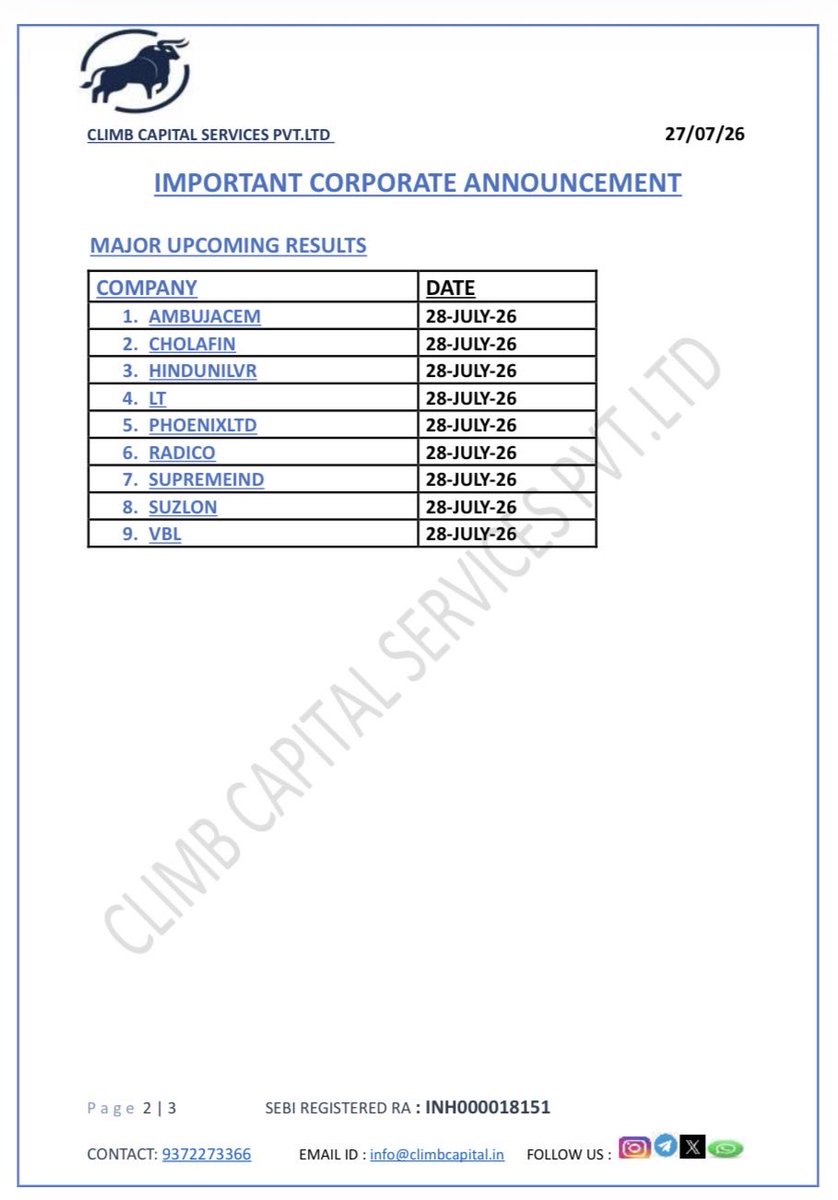 CLIMBCAPITAL9's tweet photo. IMPORTANT CORPORATE ANNOUNCEMENTS OF 27-07-2026 https://t.co/IBhw4Q6IhL
