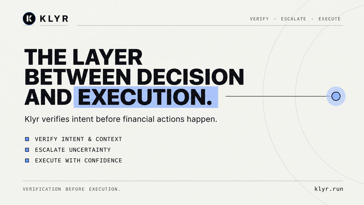klyr_run's tweet photo. Everyone is racing to build smarter AI agents.

We're focused on what happens after they make a decision.

Because moving money isn't the hard part.

Knowing the decision deserves to be executed is.

That's the layer Klyr is building.

@XLayerOfficial https://t.co/etTadjH0PV