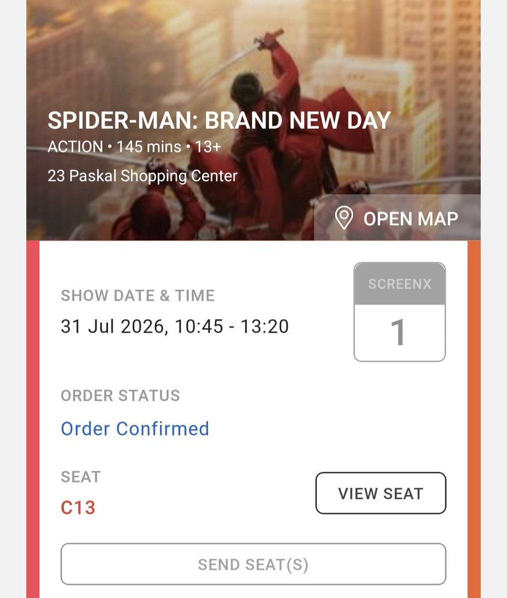 Zaskya37622's tweet photo. WTS TIKET SPIDER-MAN: BRAND NEW DAY SCREEN X

Jumat, 31 Juli jam 10.45
CGV 23 Paskal Bandung
Seat C13 (satin &amp; center)
price: 65k

tags. want to sell spiderman bnd tickets #wts #wtb https://t.co/mkC2kkT3o8