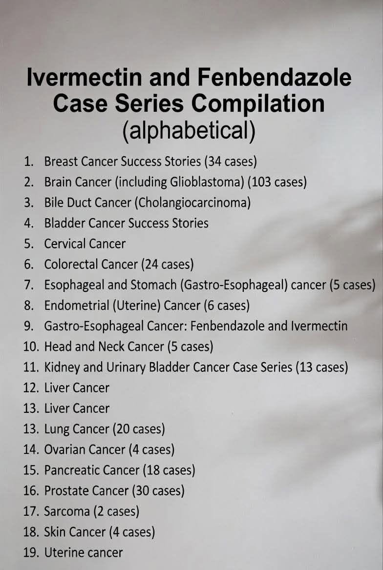 ZakariaMDv3's tweet photo. 🚨 COMPILATION OF IVERMECTIN + FENBENDAZOLE CASE SERIES ACROSS MULTIPLE CANCERS

This alphabetical list compiles reported case series and success stories using Ivermectin and Fenbendazole for various cancers:

✅ Breast Cancer (34 cases)
✅ Brain Cancer including Glioblastoma (103 cases)
✅ Colorectal Cancer (24 cases)
✅ Lung Cancer (20 cases)
✅ Pancreatic Cancer (18 cases)
✅ Prostate Cancer (30 cases)

And many more, including bladder, ovarian, liver, kidney, head & neck, and others. Hundreds of individual case reports are gathered here across 19+ cancer types.

Whether you agree with these repurposed approaches or not, one thing is clear:

More people are sharing and compiling real-world case reports of Ivermectin and Fenbendazole in cancer settings.

The conversation around these options continues to grow rapidly.

Share it with someone researching cancer options.