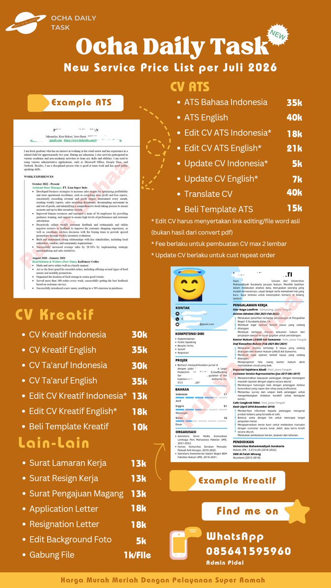 O_ajagitu's tweet photo. Jasa buat CV/joki CV di aku sudah open kembali yawww!!!
Free revisi, bisa konsul, hasil memuaskan, fast respon ✨
Ketuk DM yukk or https://t.co/yvQxIBIYNq
#zonauang #zonaaba #zonajajanᅠᅠᅠ #jasacv #editcv #jokitugasmurah https://t.co/49YJ9qZCrB