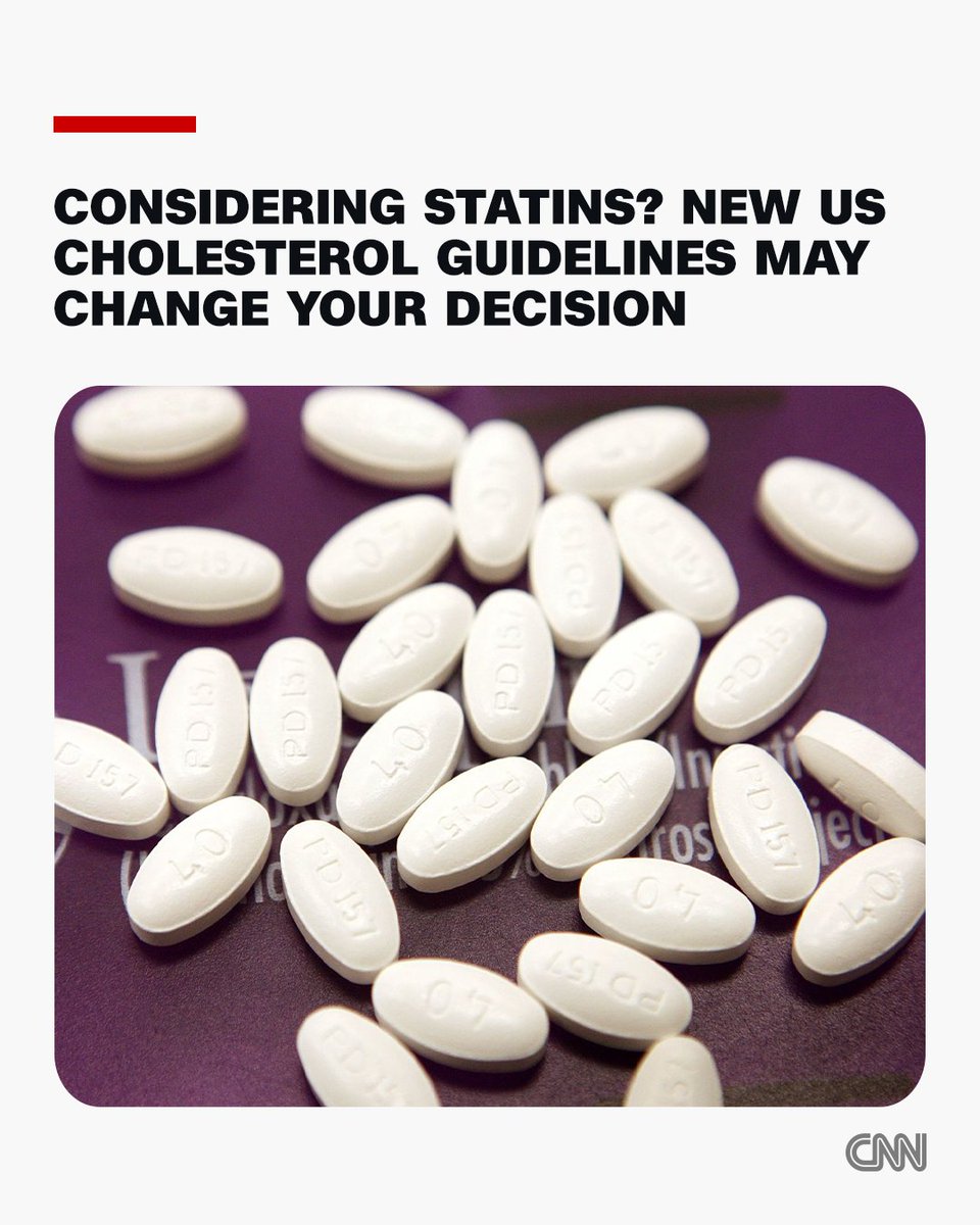 CNN's tweet photo. An estimated 21.5 million additional adults in the United States may now be eligible for statins under updated cholesterol treatment guidelines, according to a new study. https://t.co/kQF2wGAGrR https://t.co/vcOjx0yDv2
