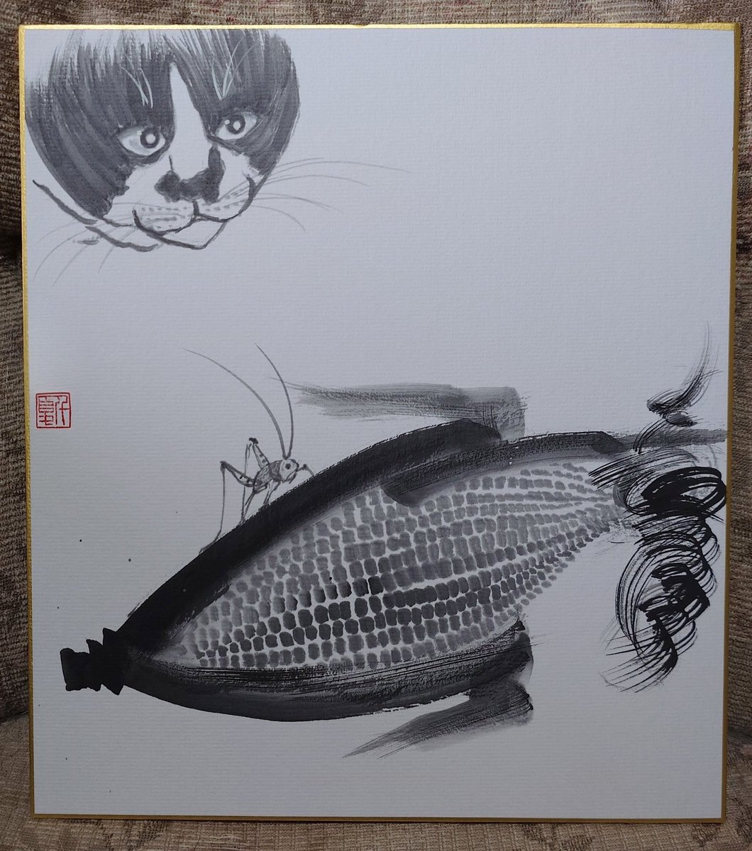 最近描いた水墨画です。 夏っぽさをイメージ🌽😸 #猫絵 #水墨画 #猫の