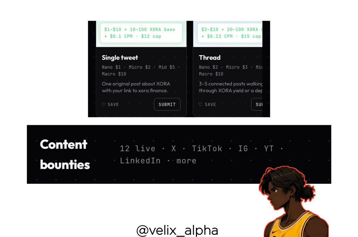velix_alpha's tweet photo. Getting paid for creating content isn't the difficult part anymore.

The real challenge is finding platforms that consistently reward creators for their work.

That's exactly what @xora_finance's Bounty Marketplace is built for.

Instead of chasing sponsorships or waiting for brands to notice you, you can earn XRP by creating original content about XORA across platforms like X, TikTok, Instagram, YouTube, LinkedIn, and more.

Here's how it works:

• Sign up using the link below with your Gmail or X account.
• Head to the Bounties section.
• Choose a campaign that fits your content style.
• Create and publish original content.
• Submit your post for review.
• Once approved, receive your reward in $XRP .

There are currently 12 active bounties, with rewards starting from $3–$25 per post, while premium campaigns can pay $25–$200+, depending on the bounty, your content quality, and the reach your post generates.

The better your content performs, the greater your earning potential.

A few important guidelines:

• Always create original content.
• Include the XORA link in every submission.
• Be accurate when talking about XORA's XRP yield product, never promise guaranteed returns.
• Keep your post live for at least 72 hours.
• Focus on quality over quantity.

If you're already creating content, you might as well get rewarded for it.