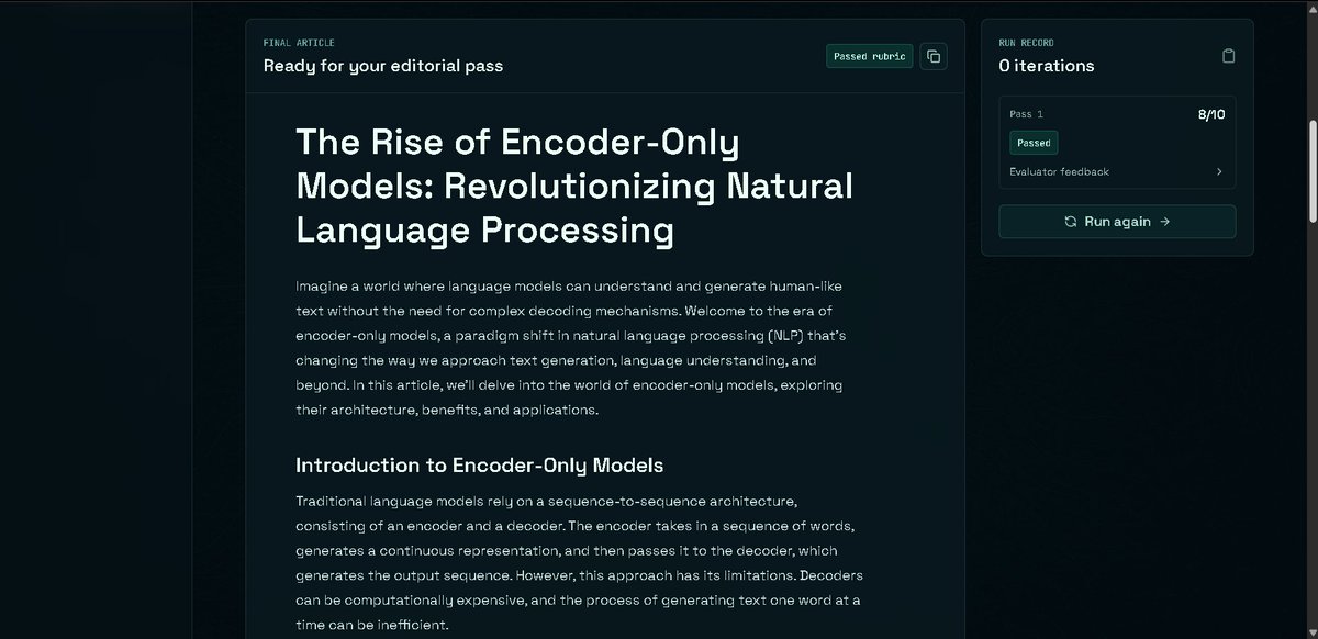 aniketdotcom's tweet photo. Finished building a mini project while learning LangGraph.

Built an AI Article Generator using an iterative workflow: Generate → Evaluate → Optimize.

Deployed it so anyone can try it.
Building projects makes these concepts click far better than reading docs.

#LangGraph #LLM https://t.co/D4ZY3lIylq
