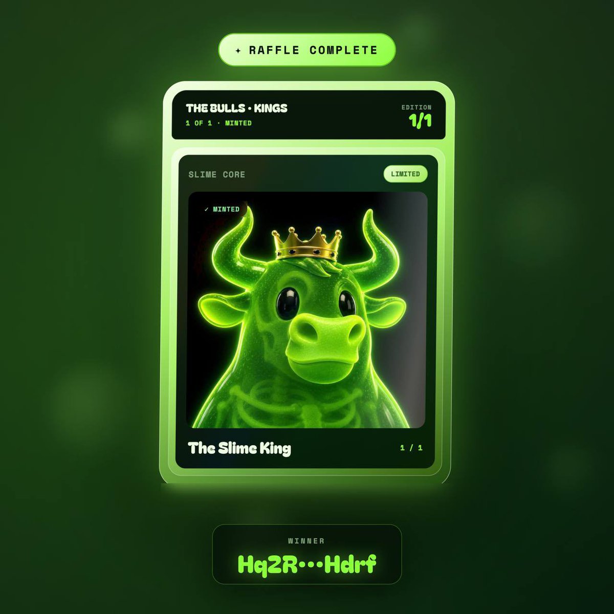 wordslikerad's tweet photo. The Slime King raffle is now complete.

4,044 tickets sold for a total of 505.2 SOL. Huge congrats to the winner!

We’ve got some very exciting announcements coming soon. Something you guys won't see coming.

Bulls in Control. https://t.co/C0eYcrPAgV
