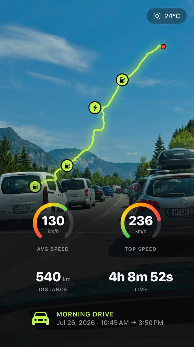 pugson's tweet photo. i built an app that's like strava for cars before my drive through the alps last week. 

- record your drives & share as a card (like the one below)
- uncover the map fog-of-war style and see how much % of a city you've driven
- fuel expense tracking
- heatmap of your most frequented roads
- social feed of who's driving what car and for how long
- automatic recording when you connect to CarPlay
...and more coming

slowly putting it together into a full package and looking for people who love driving.

if this sounds like something you'd use often, i can send you a testflight :)

(yes, this is real GPS-verified speed on a german autobahn. and yes, you can hide it before sharing)