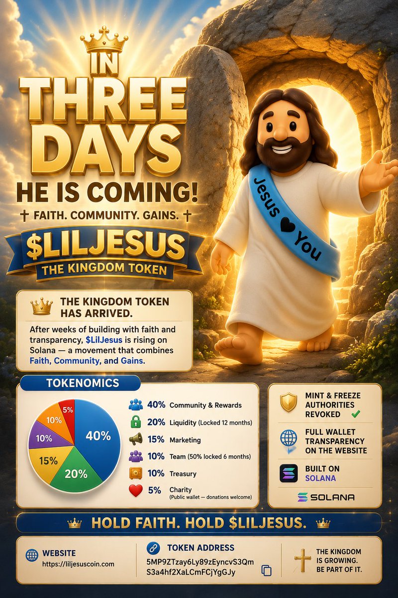 LilJesusCoin's tweet photo. 🙏 IN THREE DAYS $LilJesus is coming 🚀

The Kingdom Token launches SOON!

$LilJesus launches on Solana, bringing together a community built on Faith, Community, and Gains.
This isn't just another meme coin—it's a project built with transparency, positivity, and a long-term vision.

✅ Fixed Supply: 1,000,000,000 ✅ LP Locked for 12 Months ✅ Mint & Freeze Authorities Revoked ✅ Transparent Wallets ✅ Charity Allocation ✅ Built on Solana

Join us as we build something different.

🌐 Website: https://t.co/wKwZjLuyB6

📍 Token Address: 5MP9ZTzay6Ly89zEyncvS3QmS3a4hf2XaLCmFCjYgGJy

Hold Faith. Hold $LilJesus. 🙏👑

#LilJesus #Solana #SolanaMemeCoin #Crypto #CryptoLaunch #MemeCoin #Altcoin #Web3 #SolanaCommunity #CryptoCommunity #CryptoNews #CryptoX #MemecoinSeason #FaithCommunityGains #KingdomToken #DeFi #Blockchain #LaunchCountdown #DiamondHands #HODL #CryptoGem #100xGem