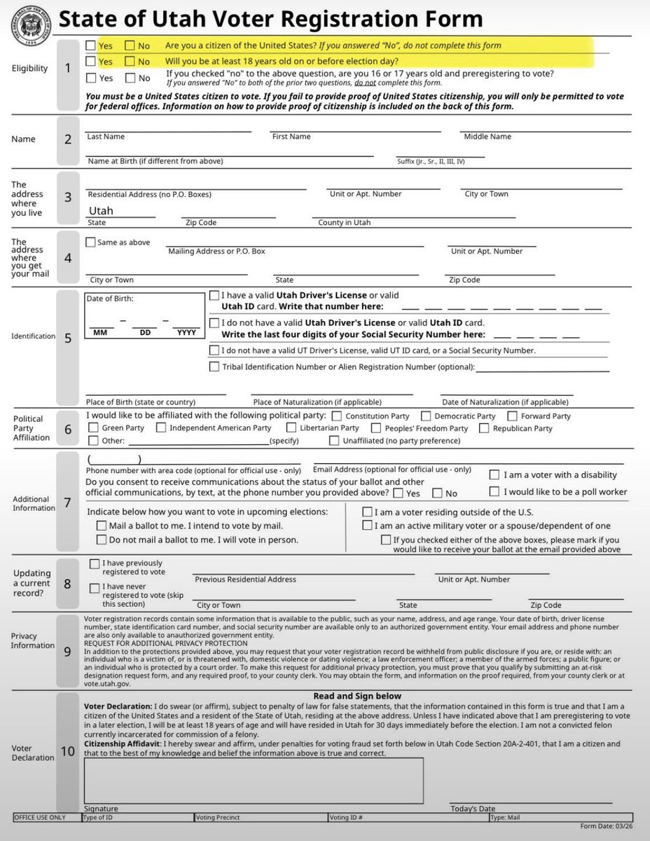 SophieAnde49073's tweet photo. Nothing to see here. 

In Utah, registering to vote through the DMV is based on self-attestation - you simply swear/affirm you're a citizen under penalty of perjury.

From 2020-2022: 36,131 registrations (14.7% of total) came through Motor
Vehicle agencies this way. https://t.co/ajyhxDiZdp