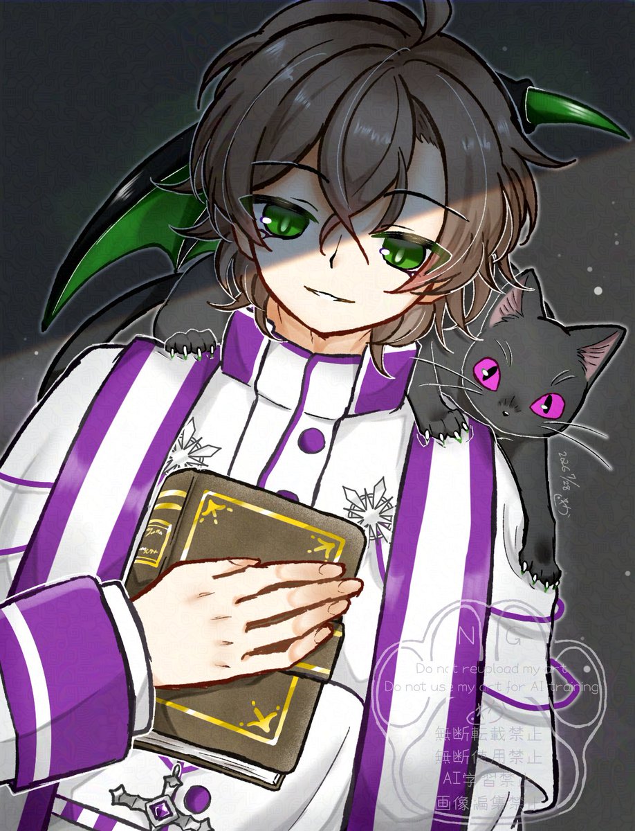 waka_mofu's tweet photo. 「俺、見たんだよ。いつも神父サマの肩に乗ってる猫、あれに悪魔みたいな羽が生えていたのを」

※擬獣化注意 https://t.co/WxX5B5yOp2