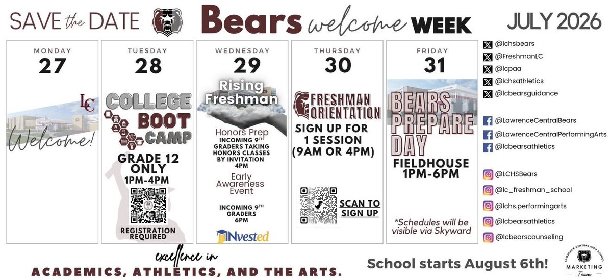FreshmanLc's tweet photo. Attention incoming Freshman! Welcome week events begin Wednesday for you! We look forward to seeing you there! 🐻🔥@ltgoodnews @LCHSAthletics @LawrenceINcity @LCHSBears @lcbearsguidance https://t.co/hcy72Q1ka4