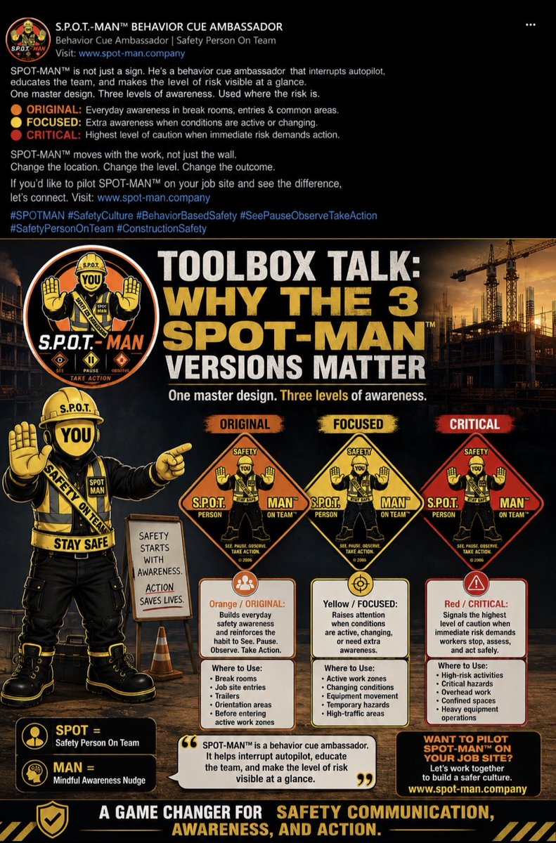 SPOTMANCompany's tweet photo. Hello, everyone! I’m Roscoe Brown, creator of SPOT-MAN™—a visual safety-awareness concept designed to interrupt autopilot on the jobsite.

SPOT means Safety Person On Team.
MAN means Mindful Awareness Nudge.
SPOT-MAN uses a three-level awareness system:

🟠 ORIGINAL — A general reminder to stay aware and work safely.

🟡 FOCUS — Conditions have changed. Pause and pay closer attention.

🔴 CRITICAL — A high-risk condition is present. Stop, assess and take action.

The message is simple:

SEE. PAUSE. OBSERVE. TAKE ACTION.

SPOT-MAN does not replace existing safety signs or procedures. He strengthens them by creating a visual pause and reminding every worker:

YOU are the Safety Person On Team.

Over the next several posts, I’ll share the story, purpose and real-world application behind SPOT-MAN.

Welcome to a new level of safety awareness.

#SPOTMAN #ConstructionSafety #WorkplaceSafety #SafetyAwareness #SafetyCulture