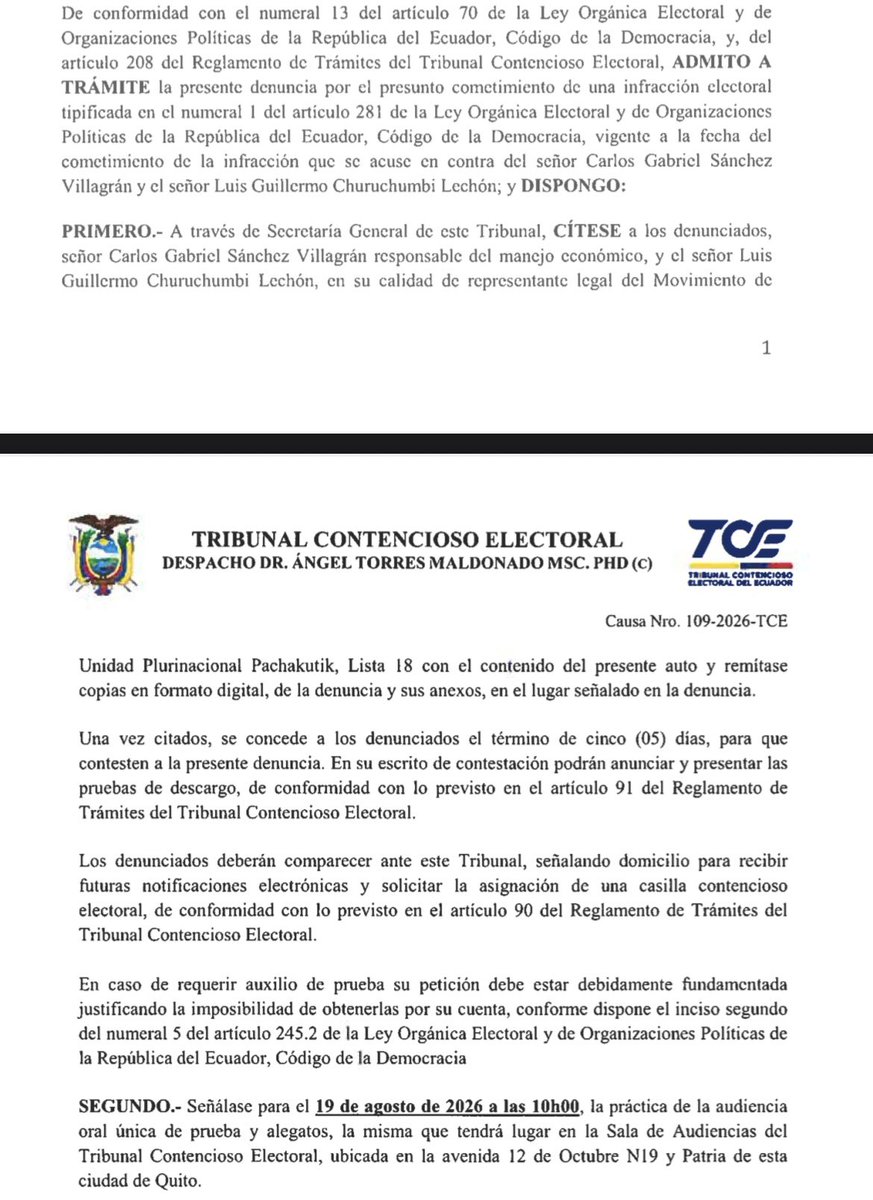 MoniJaramilloEc's tweet photo. 🚨 #OjoAlTCE

📌El juez de primera instancia del @TCE_Ecuador, Ángel Torres, admitió a trámite la denuncia por presunta infracción electoral presentada por el presidente del @cnegobec , relacionada respecto a las cuentas de campaña del proceso electoral“Referéndum y Consulta Popular 2024, en contra del señor Carlos Gabriel Sánchez Villagrán
responsable del manejo económico, y el señor Luis Guillermo Churuchumbi Lechón, en su calidad de representante legal del Movimiento de Unidad Plurinacional Pachakutik, Lista 18 @PKnacional18. 

📌Asimismo, dispuso la citación correspondiente a los denunciados y convocó a audiencia para el 19 de  agosto de 2026.

📝 La sanción de esta infracción electoral acarrea multa pecuniaria, suspensión de derechos políticos de los denunciados y la cancelación de la organización política.