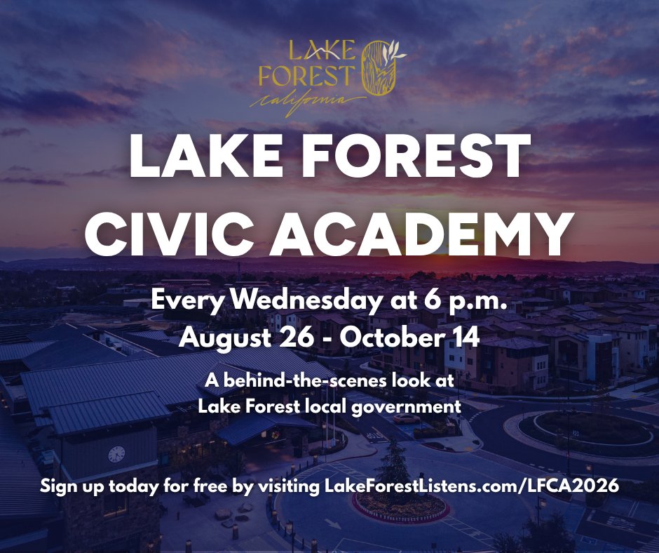 LakeForestCA's tweet photo. Go behind the scenes of your local government with the free Lake Forest Civic Academy! Lake Forest residents ages 18+ can attend eight weekly sessions from Aug. 26–Oct. 14 to learn how the City works.

Register: https://t.co/nk5qNYfvmP https://t.co/gvSpWpGnM5
